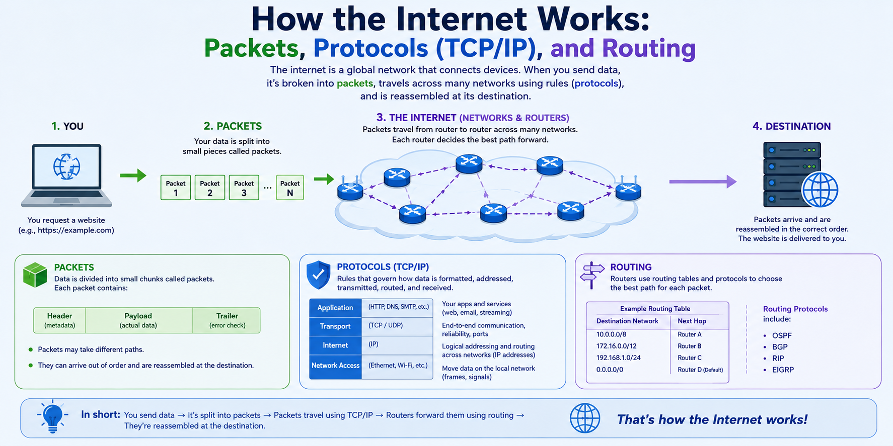 How the Internet Works: Packets, Protocols (TCP/IP), and Routing.