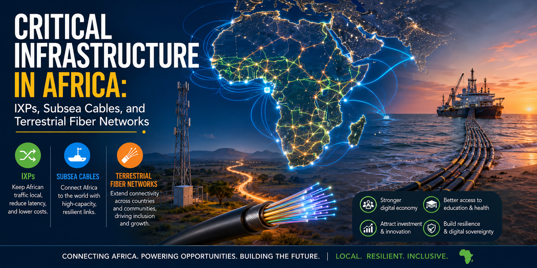 Critical Infrastructure in Africa: IXPs, Subsea Cables, and Terrestrial Fiber Networks.